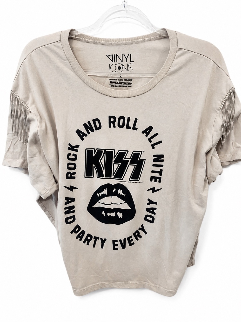 KISS Graphic Fringe Tee 2X Torrid Taupe Rock Band Lips Logo Beaded - Picture 2 of 6